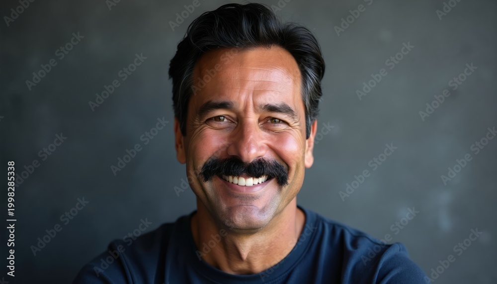 Fototapeta premium Mature man with thick mustache smiles. Friendly face, dark hair, wearing navy tee. Indoor studio portrait with soft gray background light. He looks approachable and confident.