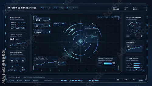 Futuristic digital interface frame with glowing circular telemetry display, modular HUD panels, charts, and dark blue technology grid background