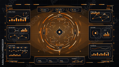 Futuristic orange HUD dashboard with circular target scanner, data charts, telemetry panels, and network graphs on a dark grid background