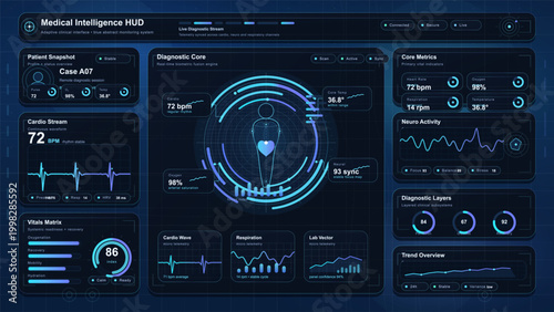 Dark medical intelligence HUD with patient snapshot, diagnostic core, vital signs charts, neural activity graph and glowing clinical telemetry panels