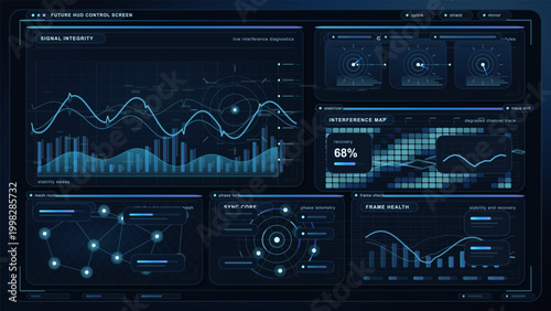 Futuristic dark blue HUD control screen with signal integrity chart, interference map, network mesh, sync core, and frame health panels
