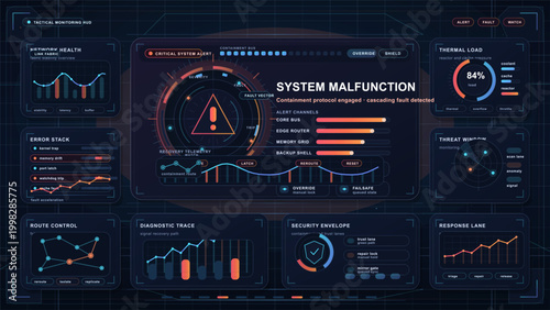 Dark tactical monitoring HUD with system malfunction alert, warning triangle, thermal load gauge, error stack charts, and diagnostic panels