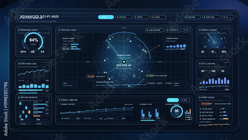 Advanced sci-fi tactical HUD dashboard with central vector field, readiness gauge, orbital radar, KPI charts, and dark blue surveillance grid