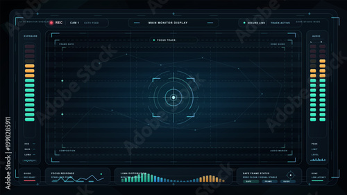 Dark CCTV camera monitor overlay with recording status, focus reticle, safe frame guides, exposure and audio meters, and luma chart interface