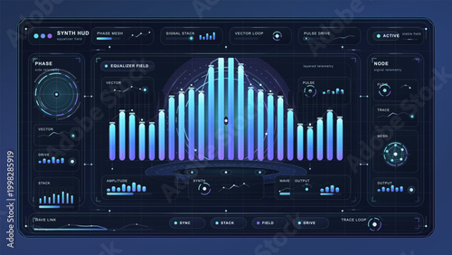 Futuristic synth HUD interface with glowing equalizer bars, phase radar, node panels, waveform controls, and dark blue audio telemetry display