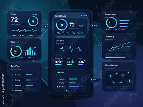 Futuristic medical app dashboard UI with smartphone health monitoring, ECG graphs, vitals, diagnostics and neon data panels on dark blue background