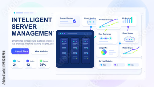 Flat intelligent server management landing page with blue server rack, cloud service cards, predictive graphs, data modules, and clean UI panels