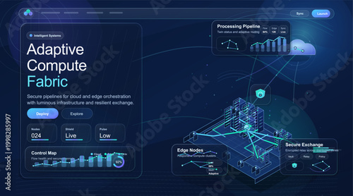 Futuristic cloud computing dashboard with adaptive pipeline charts, secure edge nodes, isometric server network and neon data flow paths.