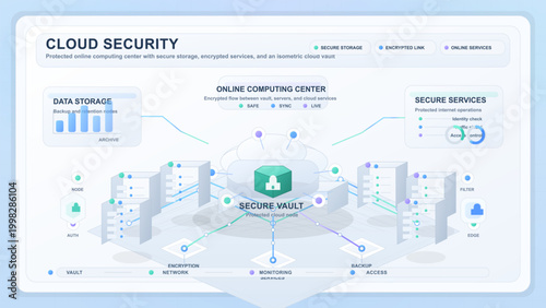 Isometric cloud security dashboard with secure vault, server racks, encrypted network lines, charts, and protected service panels on a pale grid