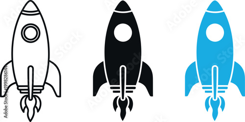 Three rocket ship icons line solid and gradient blue variations