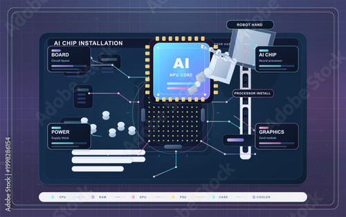 Dark AI chip installation dashboard with robotic hand placing neural processor on circuit board, power modules, graphics card and neon signal lines.