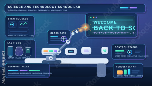 Futuristic school science lab illustration with robotic arm, STEM modules, experiment icons, class data panels, and glowing welcome screen