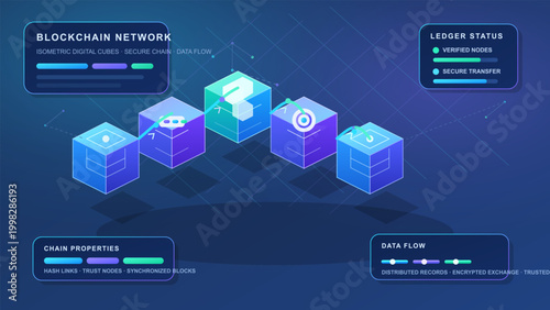 Dark blockchain network illustration with isometric digital cubes, secure ledger status panels, chain properties and glowing data flow paths.