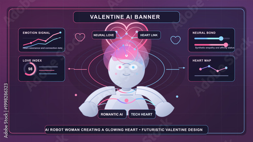 Futuristic Valentine AI banner with smiling humanoid robot, glowing heart, neural love links, emotion charts, and neon dashboard on dark grid