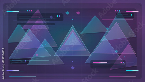 Dark abstract geometric vector background with layered neon triangle outlines, translucent panels, data bars, glowing dots and cyan magenta grid.