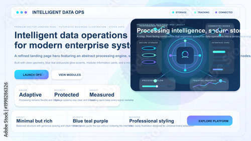 Clean intelligent data operations landing page with processing dashboard, secure storage panels, connected nodes, tracking chart and blue gradient UI