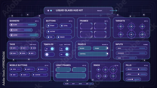 Futuristic liquid glass HUD interface kit with neon panels, buttons, frames, targets, toggles and input fields on a dark grid background