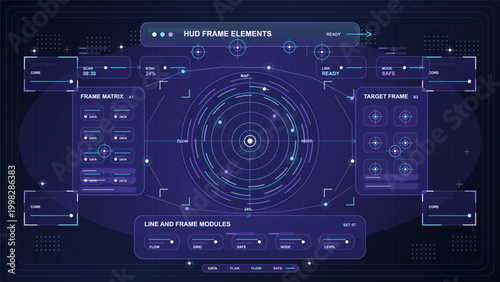 Futuristic HUD frame elements interface with circular radar target, modular panels, line controls, neon blue purple accents, and dark grid background