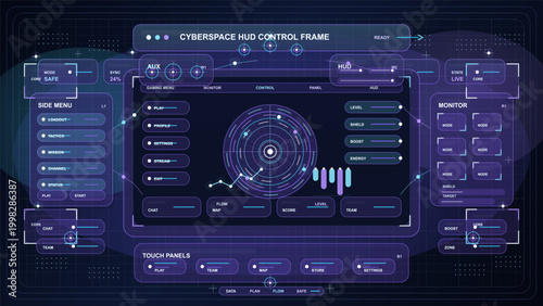 Dark cyberspace HUD control frame with gaming side menu, touch panels, central radar display, monitor nodes, and neon purple cyan interface