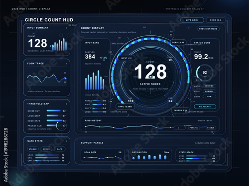 Futuristic circle count HUD interface with central 128 data counter, radial gauge, charts, input panels, and dark blue grid screen layout