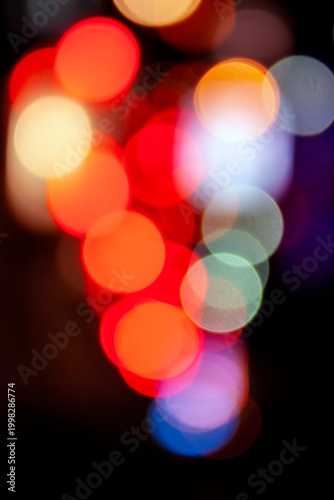 Abstract blurred city lights with bokeh effect, out-of-focus night city background, perfect for advertising, branding, web design, social media visuals, and print projects, vibrant urban lights
