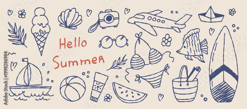 Set of hand-drawn summer-themed doodles including a surfboard, ice cream cone, travel camera, airplane, bikini, sailboat, and more.