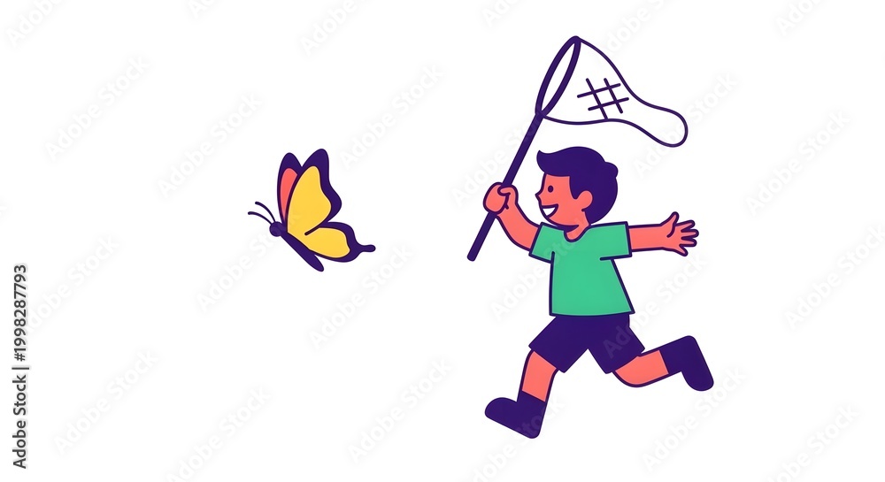 Fototapeta premium Joyful Boy Chasing Butterfly with Net in Open Field