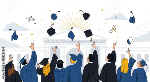 Graduation celebration with students throwing caps in the air