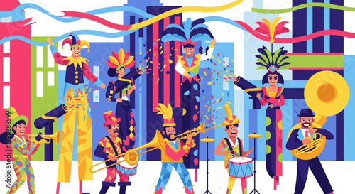 Vibrant street parade with musicians and dancers celebrating carnival