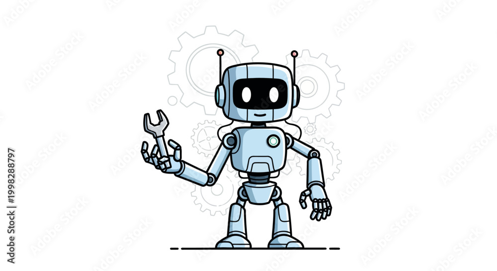 Fototapeta premium Cute robot character holding a wrench with gears in the background