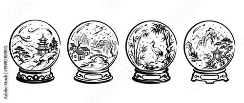 snow globe , Traditional Chinese Brush , strokes swirl style