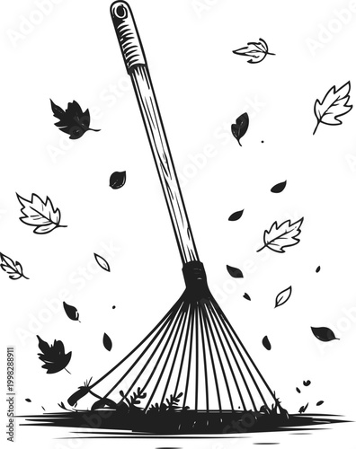  Ugly Cute Rake Chasing Leaves Playful Black Line Art White Background