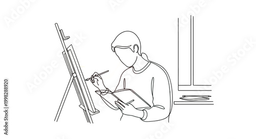 Man sitting at easel painting with colorful abstract background