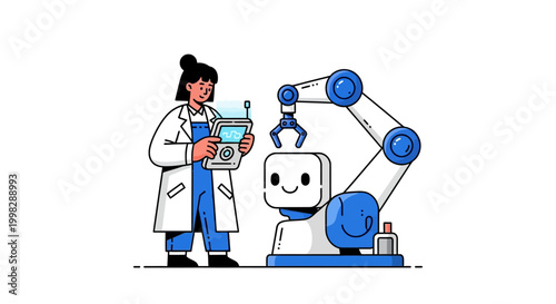 Woman in lab coat interacting with robot and tablet computer