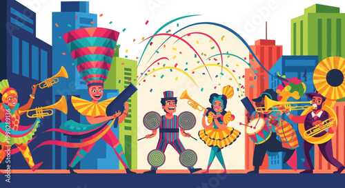 Vibrant street parade with musicians and dancers in colorful costumes