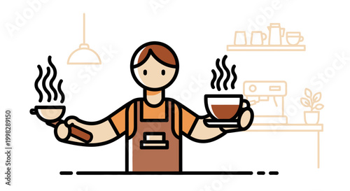 Cartoon barista serving coffee in a modern cafe setting