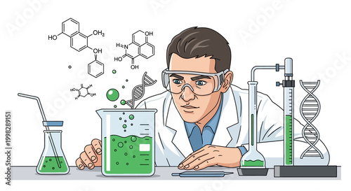 Scientist in lab coat working with green liquid and DNA