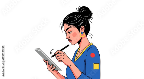 Woman using digital tablet with stylus surrounded by colorful shapes