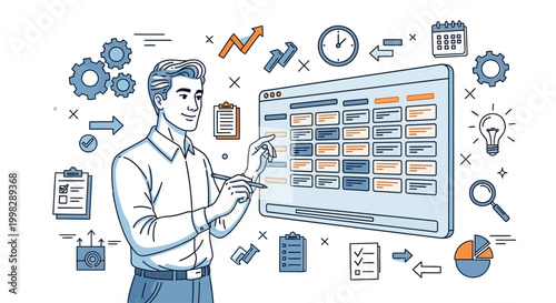Businessman analyzing data on computer screen with various office supplies