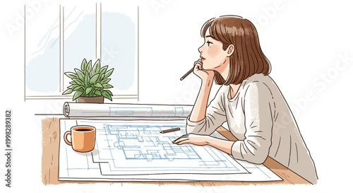 Woman architect studying blueprints at desk with coffee cup