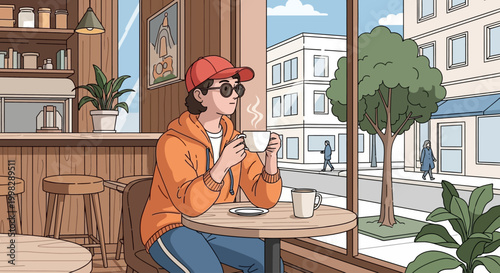 Man in orange jacket sitting at a coffee shop table by the window