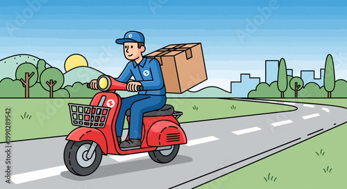 Delivery man on red scooter with package on road