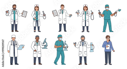 Medical professionals doctors nurses cartoon characters set