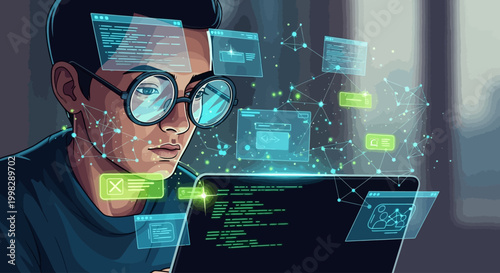 programmer coding on laptop with digital screens and network connections floating around him