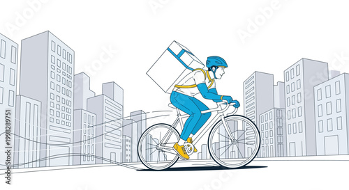 Delivery man riding bicycle with package through city streets