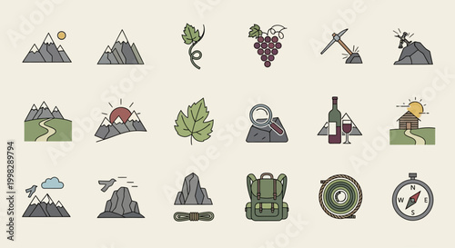 Green icons of travel and landmarks.