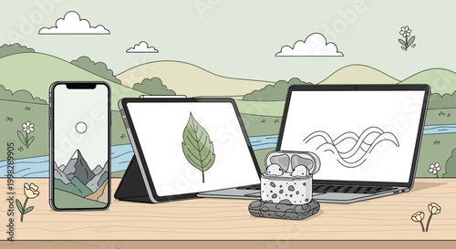 Devices on wooden desk with screens.