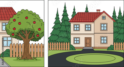 Cartoon Suburban House with Apple Tree Pine Forest Fence and Garden Vector Illustration Set for Real Estate and Nature Background