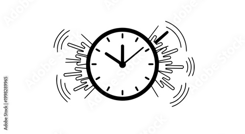 Alarm clock illustration indicating alert and urgency with sound waves emanating outwards signifying a notification or a call to action during the day with time passing quickly on the timepiece