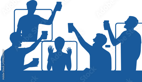 Silhouetted Friends Toasting Together via Video Conference and In-Person, Virtual Happy Hour Concept